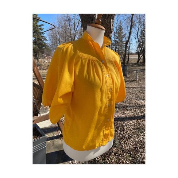 Vintage | 70s Saffron Slubbed Blouse Balloon Sleeve Mock Collar Sz 5 S/M - Picture 2 of 11